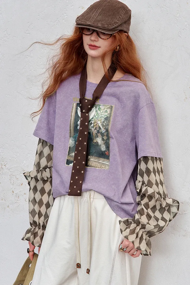 Haut romantique Y2K ELFSACK à manches volantées et effet faux deux-pièces