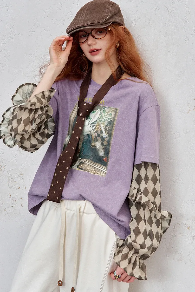 Haut romantique Y2K ELFSACK à manches volantées et effet faux deux-pièces