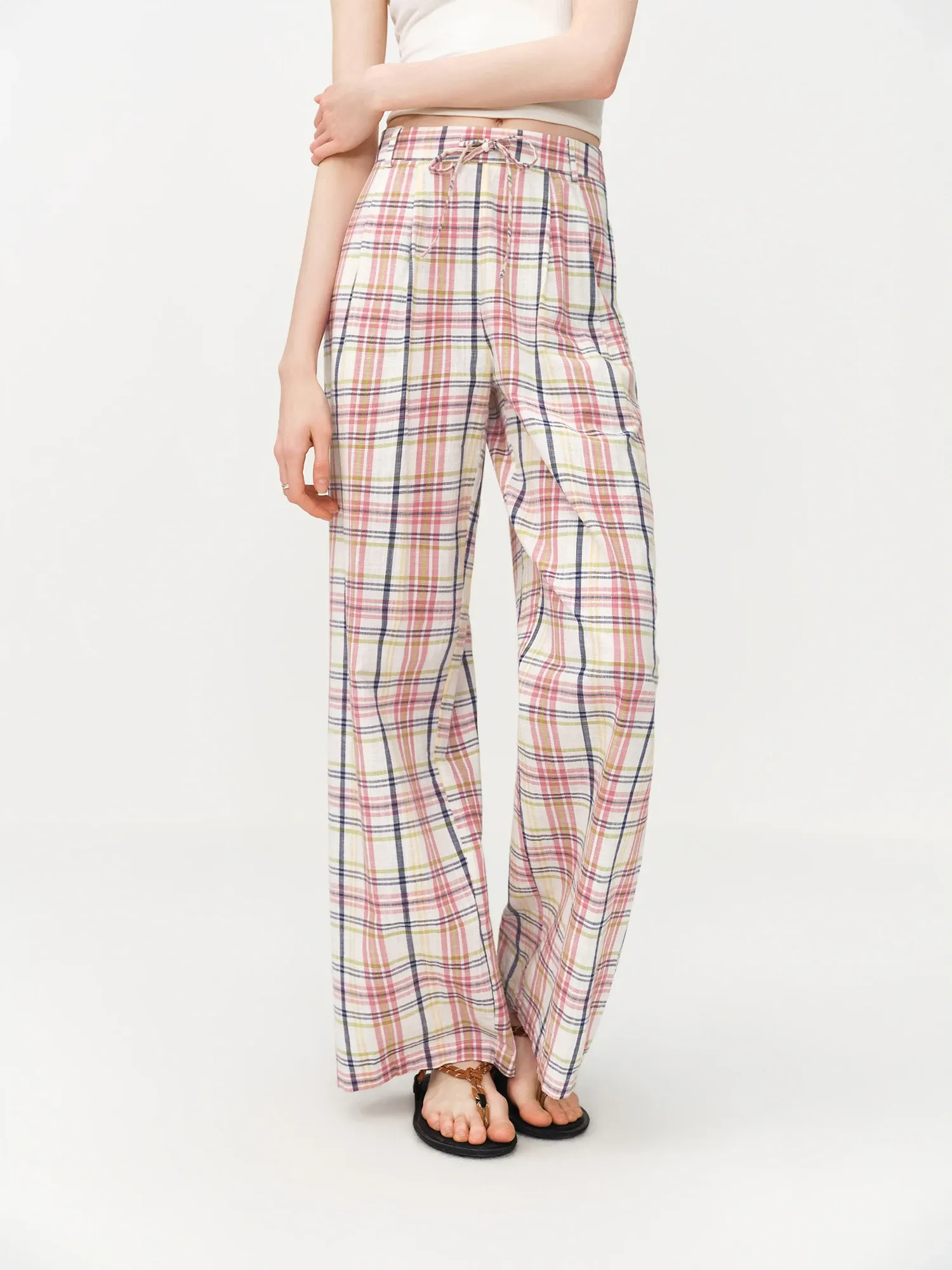 Pantalon droit en coton à carreaux roses FANSILANEN