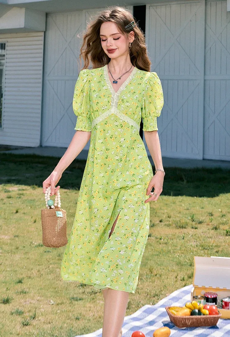 Robe midi en dentelle patchwork à col V pour femme RK