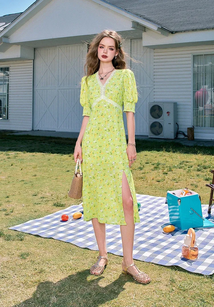 Robe midi en dentelle patchwork à col V pour femme RK