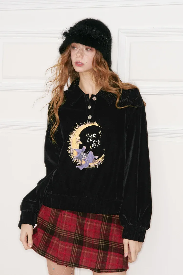 Pull polo rétro ELFSACK en velours tactile imprimé cartoon