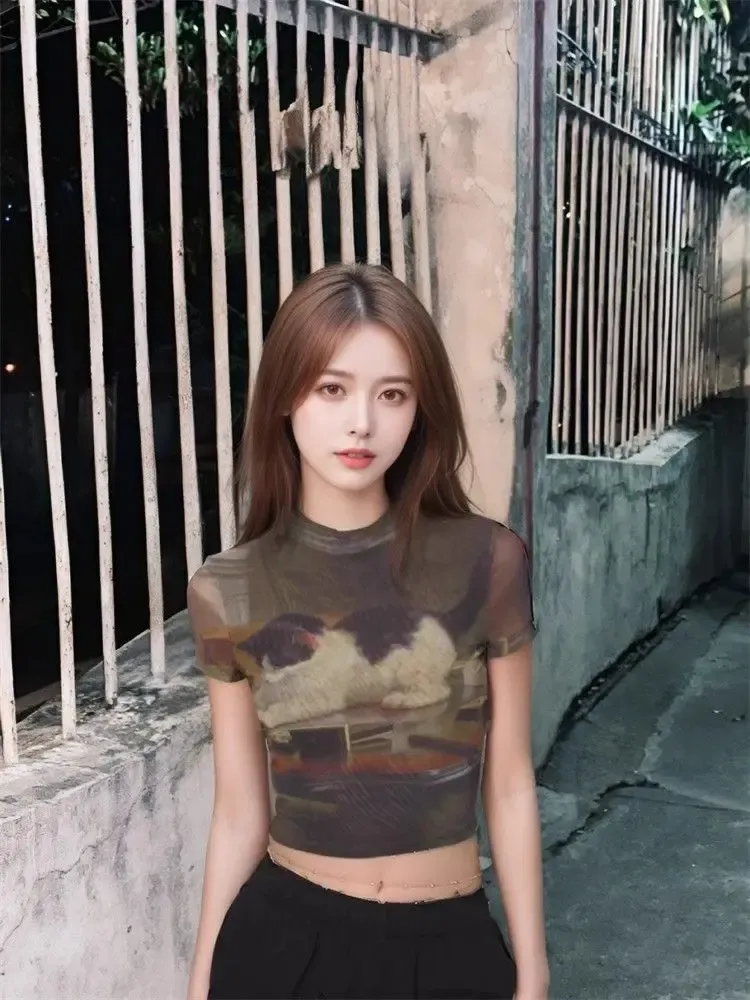 T-shirt court Y2K à chat vintage en maille légère