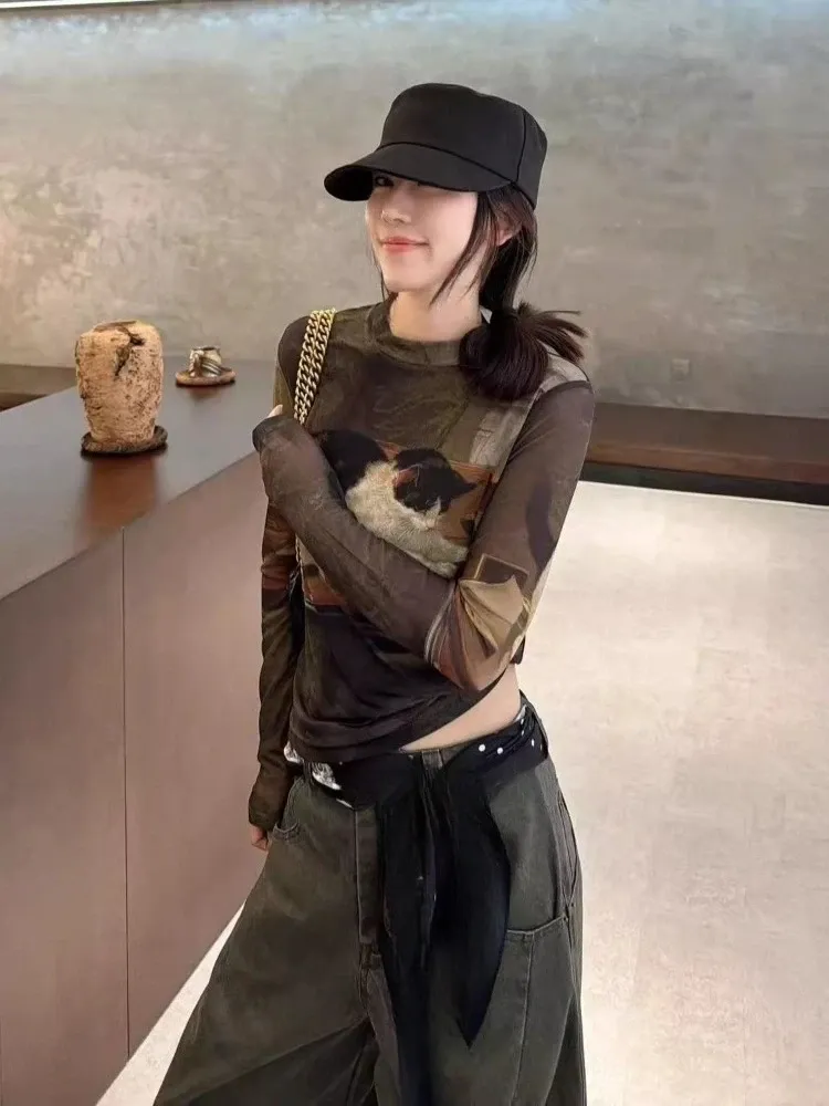 T-shirt court Y2K à chat vintage en maille légère