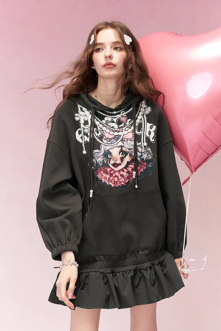 Robe sweat à capuche à volants ELFSACK imprimé preppy