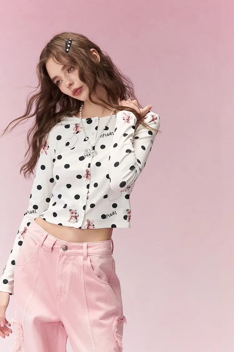 Cardigan à pois ELFSACK à imprimé ours, esprit kawaii