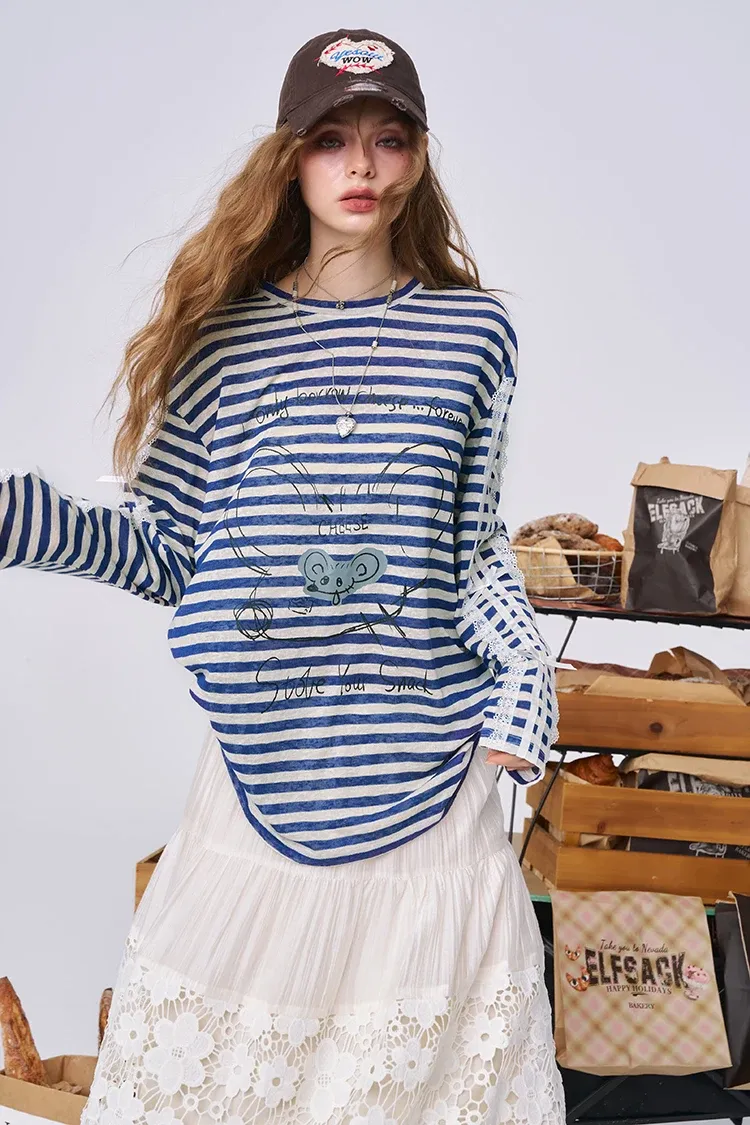 Haut ELFSACK en maille légère à dentelle et rayures, esprit bureau