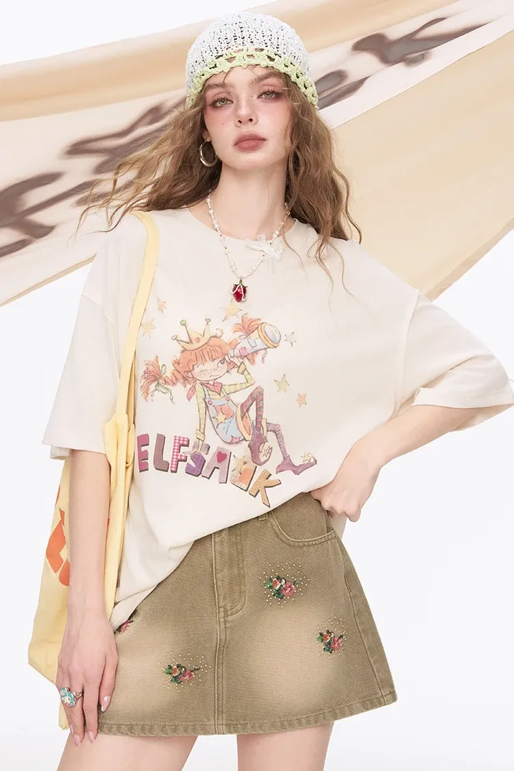 T-shirt ample ELFSACK à motif cartoon et manches tombantes