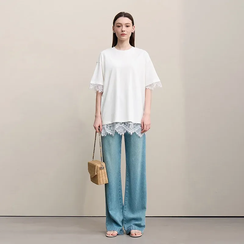 T-shirt ample AMII en coton à dentelle, col rond