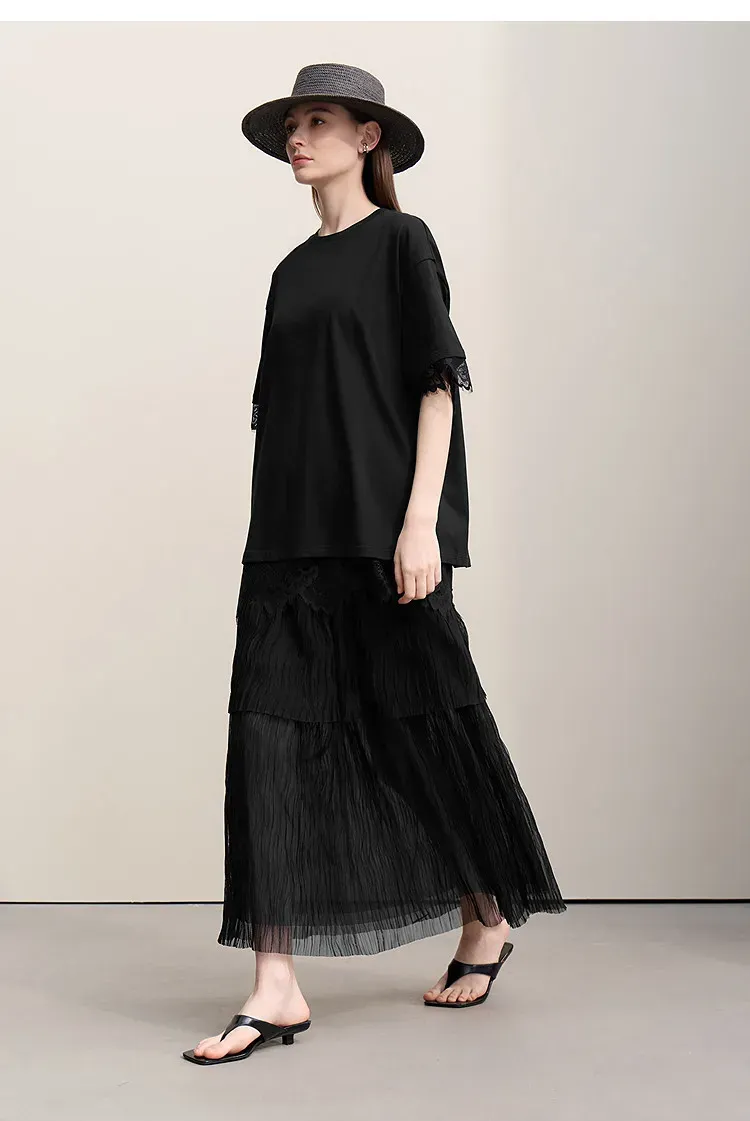 T-shirt ample AMII en coton à dentelle, col rond