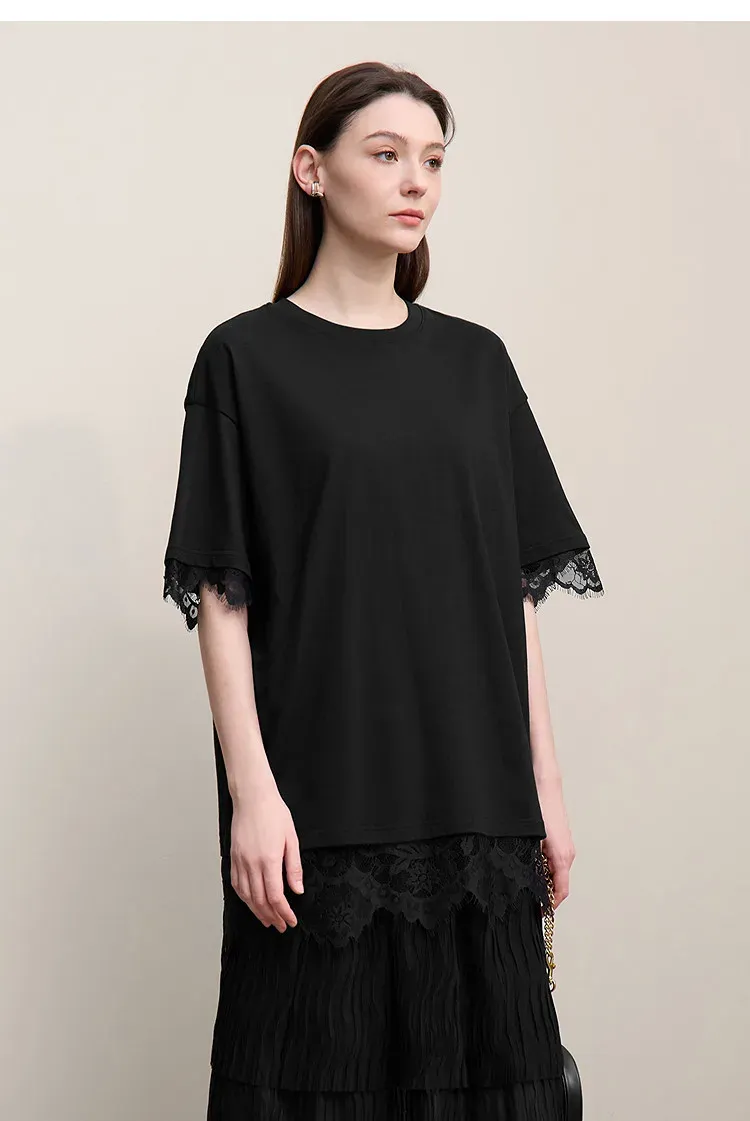 T-shirt ample AMII en coton à dentelle, col rond
