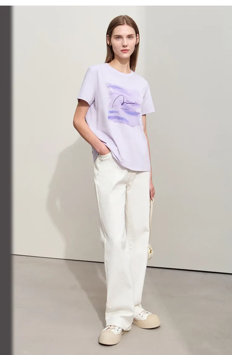 T-shirt AMII en coton brodé à lettres, col rond femme