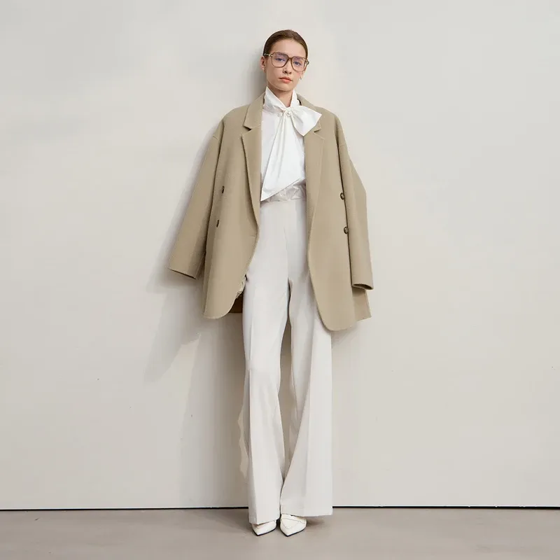 Manteau long en laine AMII à double boutonnage pour femme