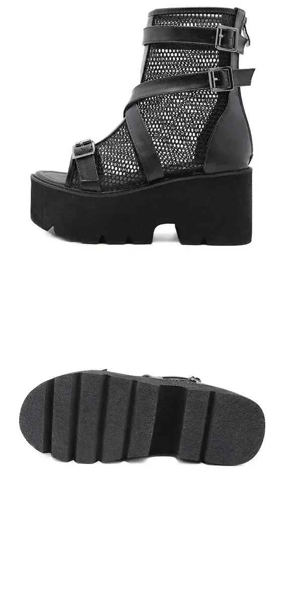 Sandales compensées noires à boucles femme