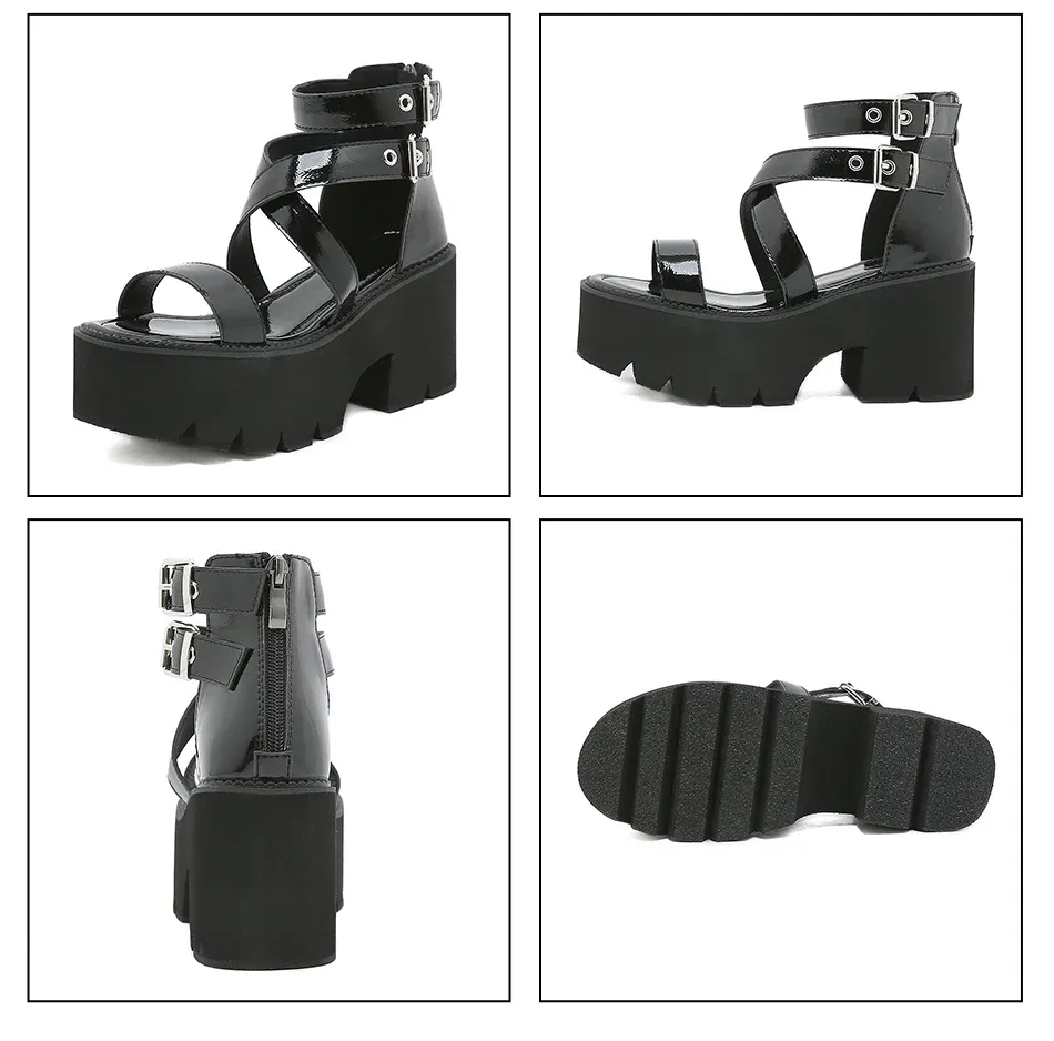 Sandales à bride cheville en cuir verni RK à plateforme et talon carré