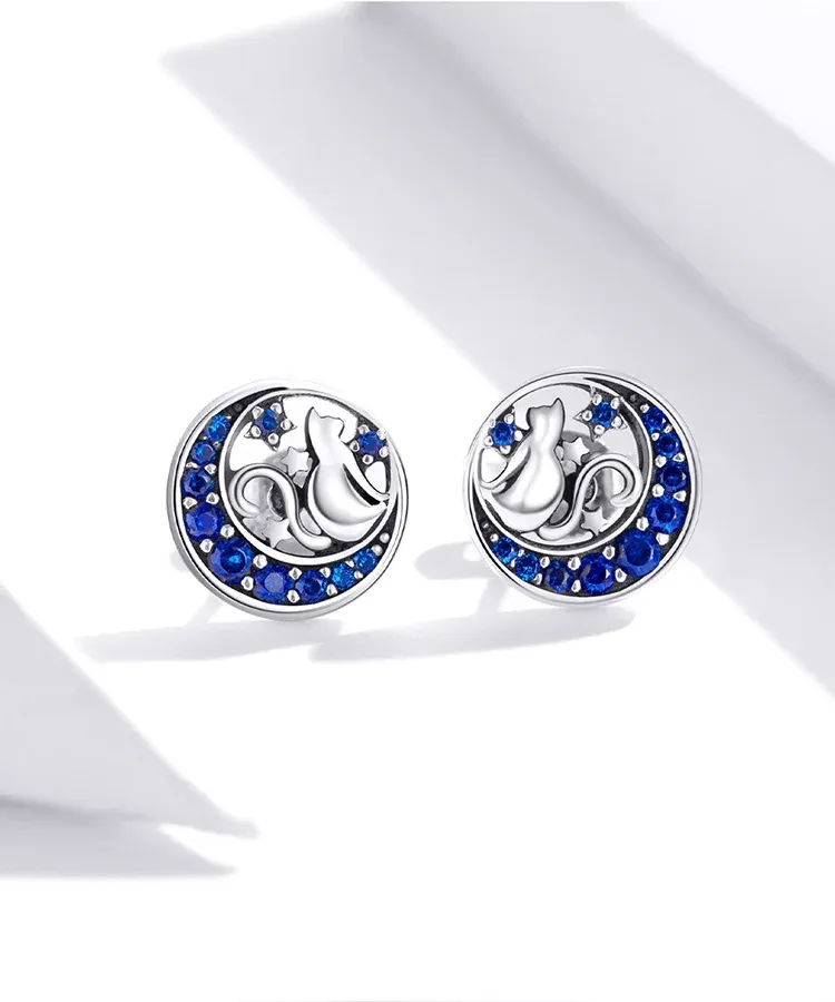 Boucles d’oreilles puces lune et chat en argent 925 Bamoer