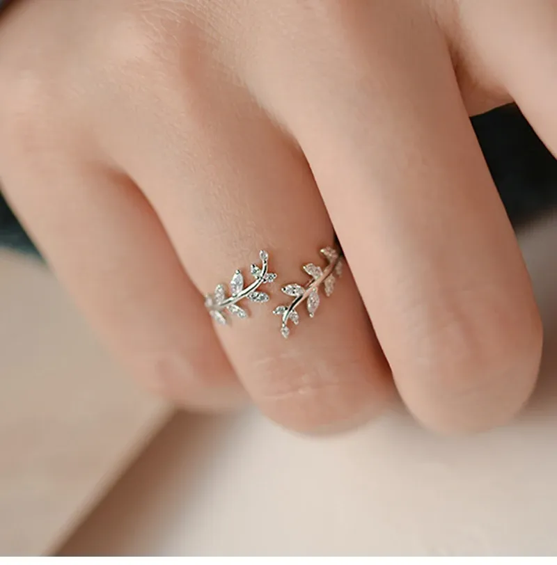 Bague ouverte romantique en argent 925 avec motif floral