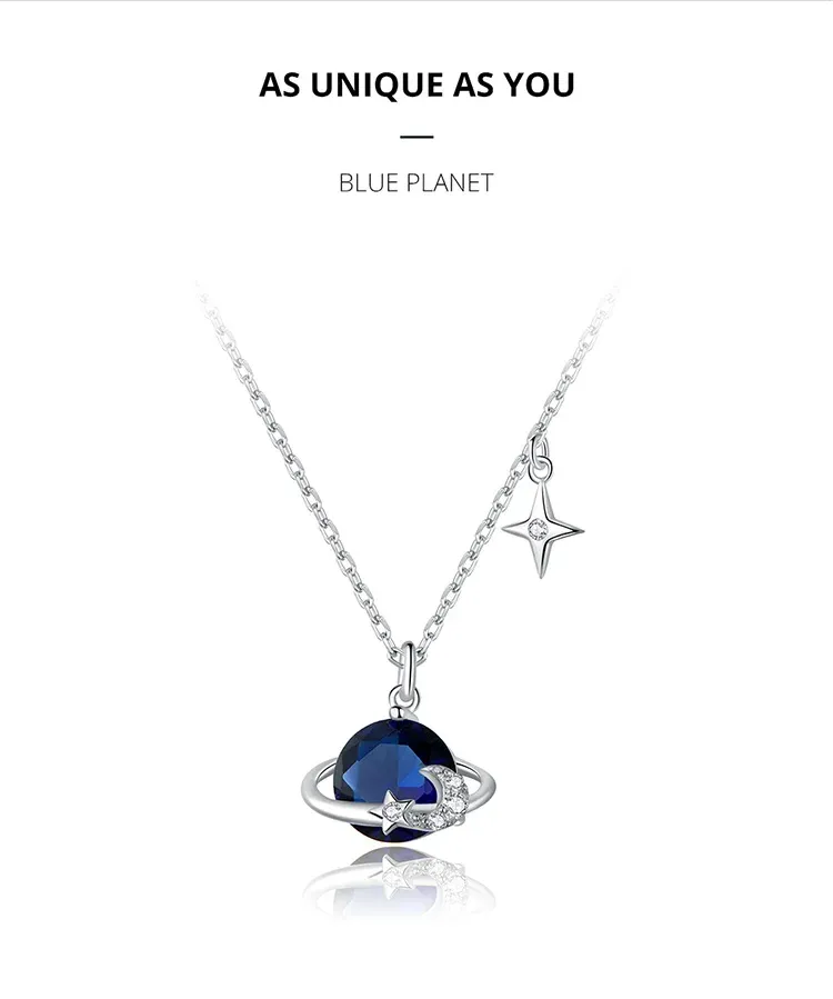 Collier lune et planète en argent 925 avec zircon bleu