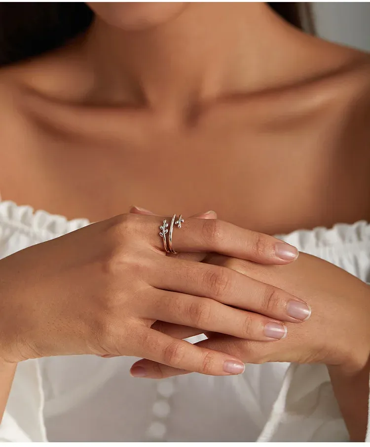 Bague feuille double couche en argent 925 ajustable Bamoer