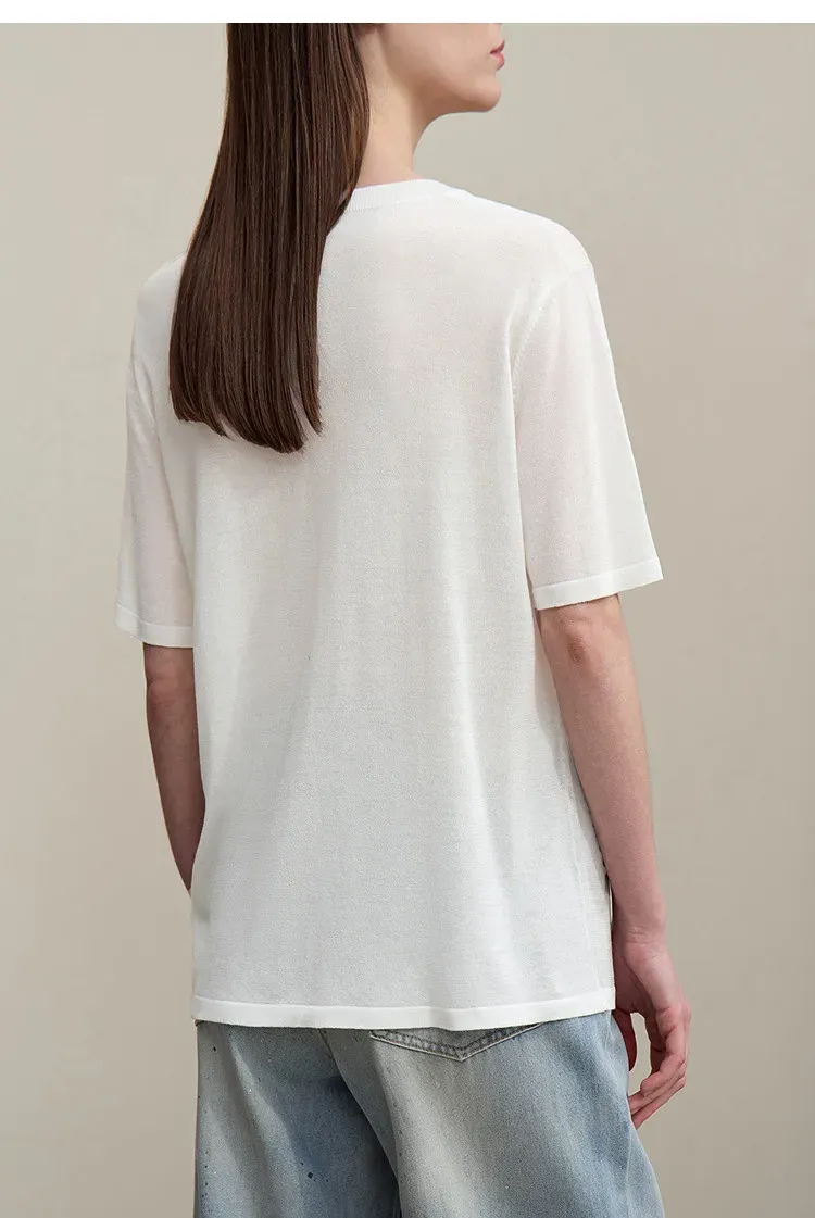 Pull en maille légère AMII à col rond et dentelle, coupe ample