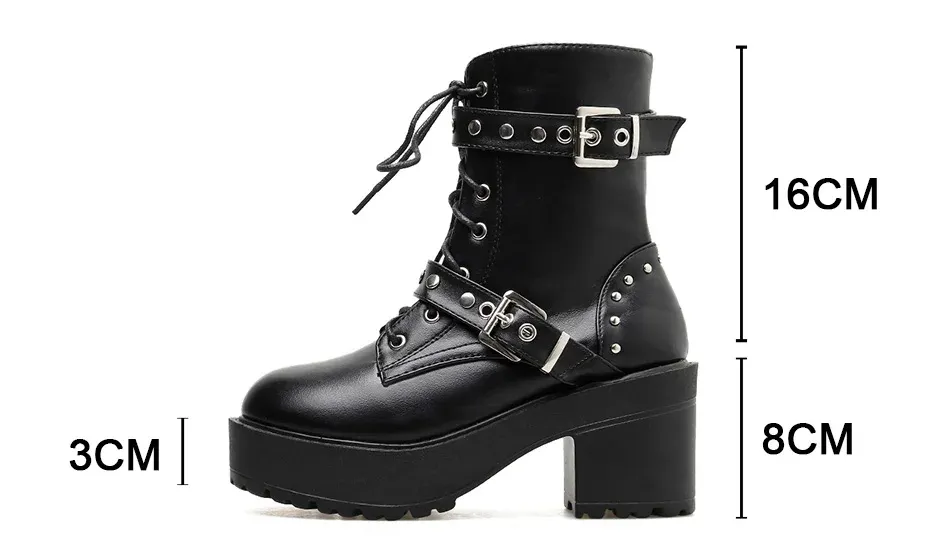 Bottines punk noires à plateforme et talon carré pour femme
