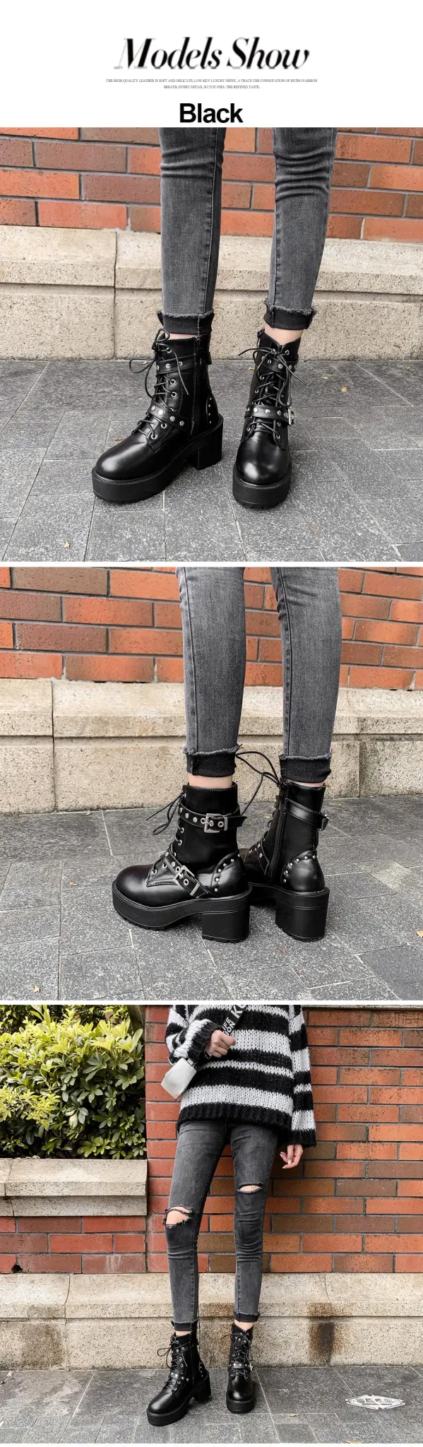 Bottines punk noires à plateforme et talon carré pour femme
