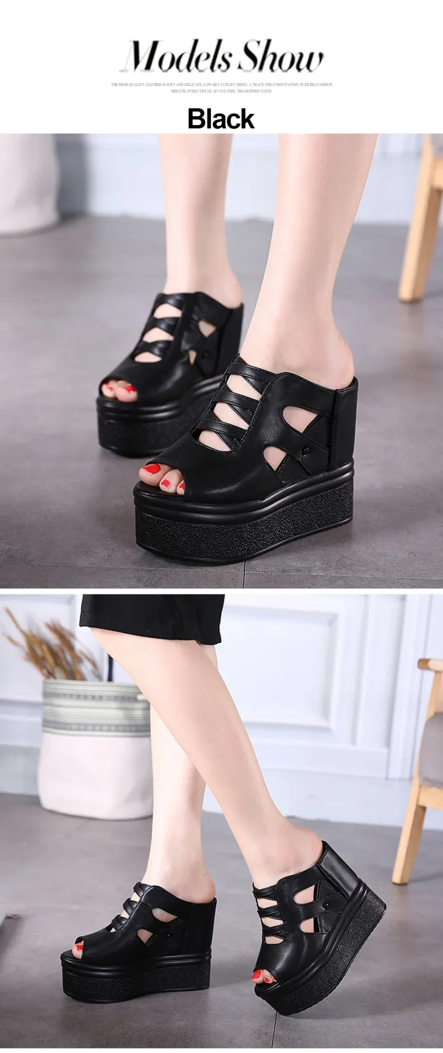 Sandales compensées noires en PU vegan à talon haut