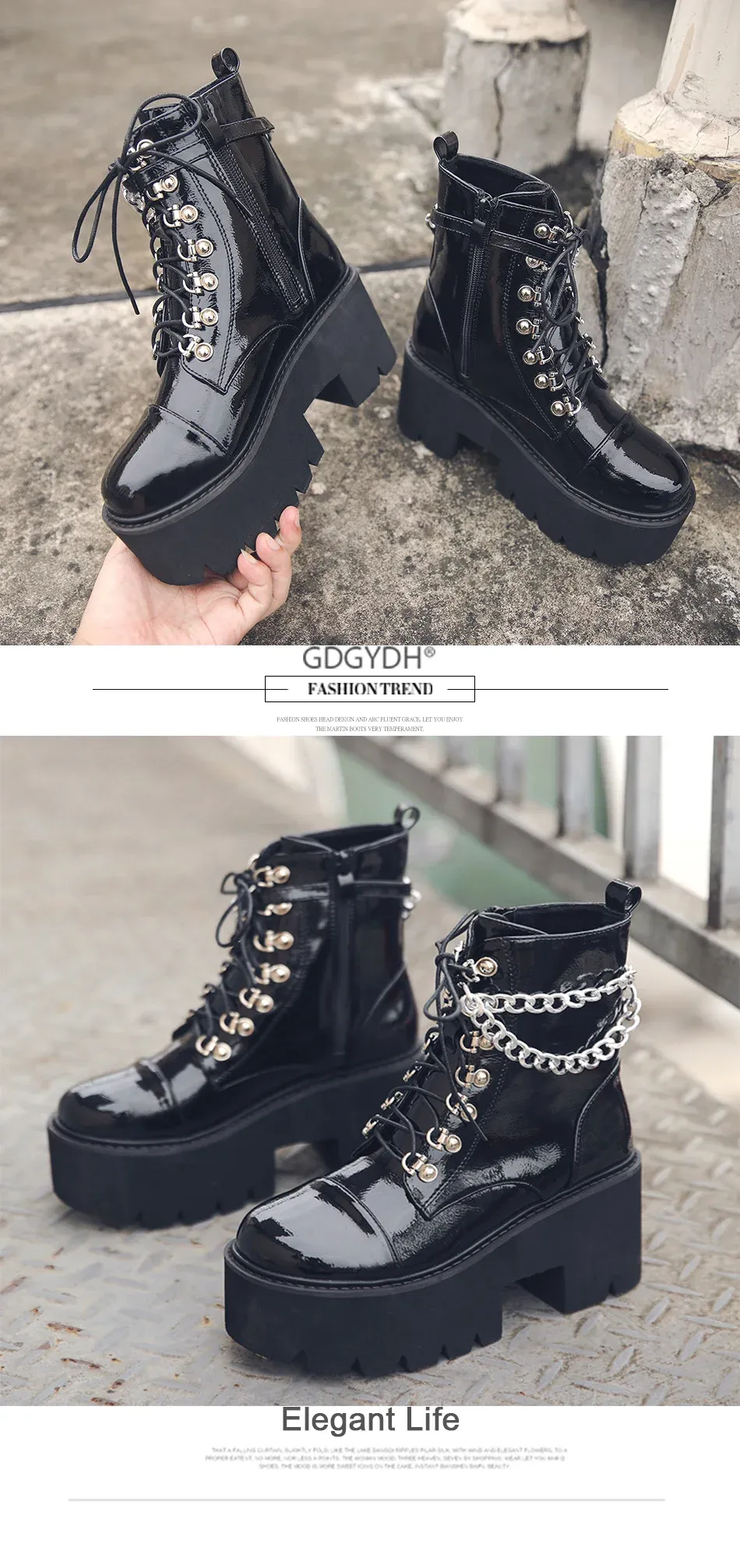 Bottes punk noires à chaîne et plateforme Gdgydh