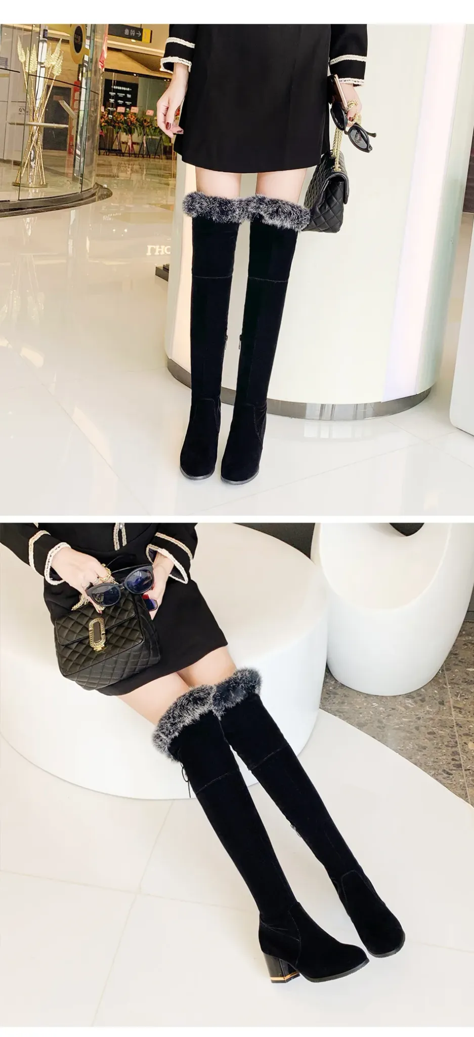 Bottes d’hiver montantes Gdgydh en fourrure, talon carré 6 cm