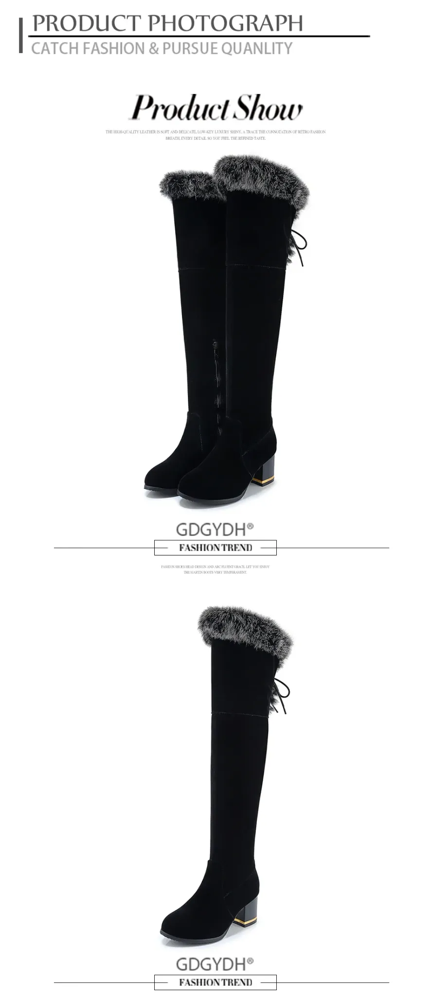 Bottes d’hiver montantes Gdgydh en fourrure, talon carré 6 cm