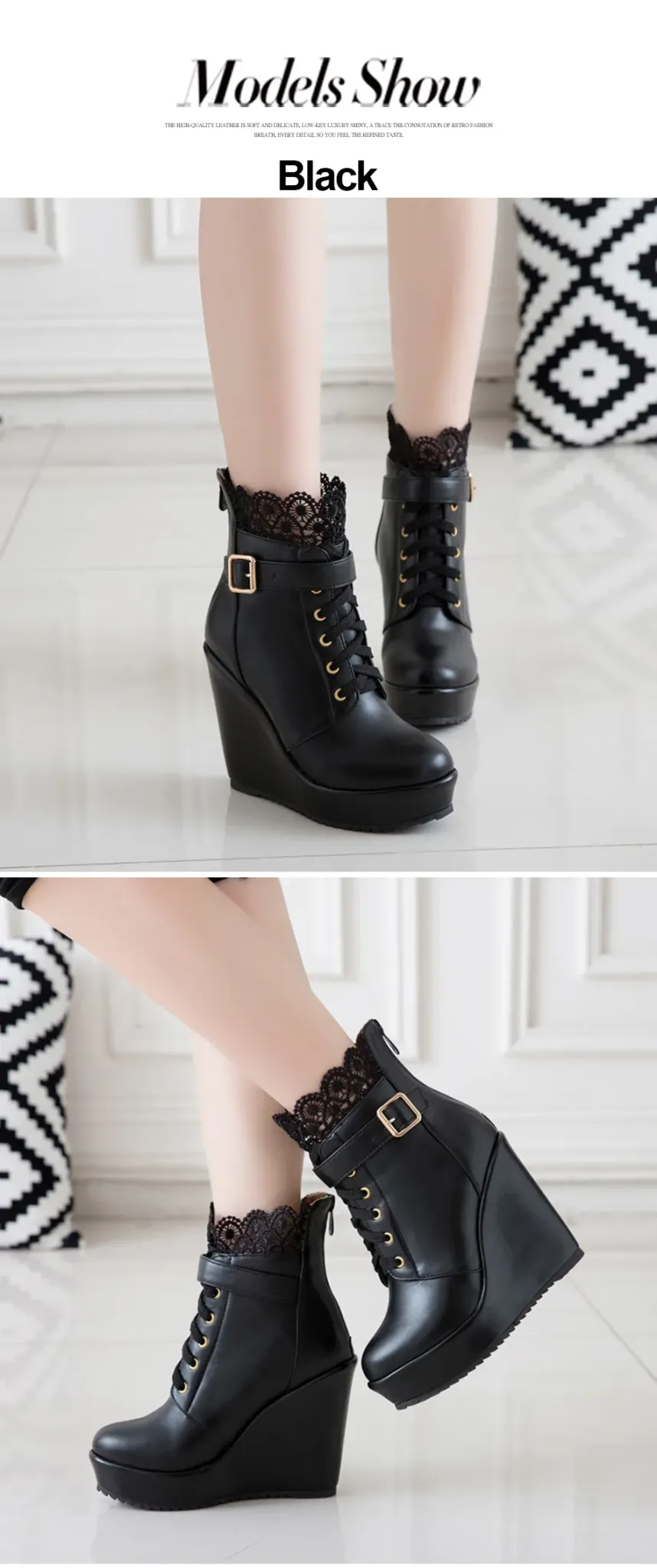 Bottines compensées gothiques en dentelle noire Gdgydh