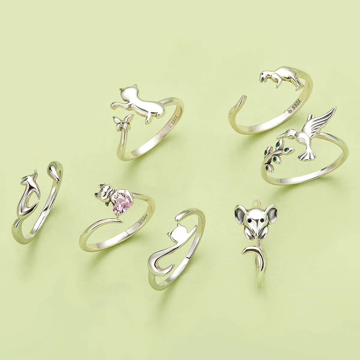 Bague ouverte ajustable en argent 925 chat et chien Bamoer