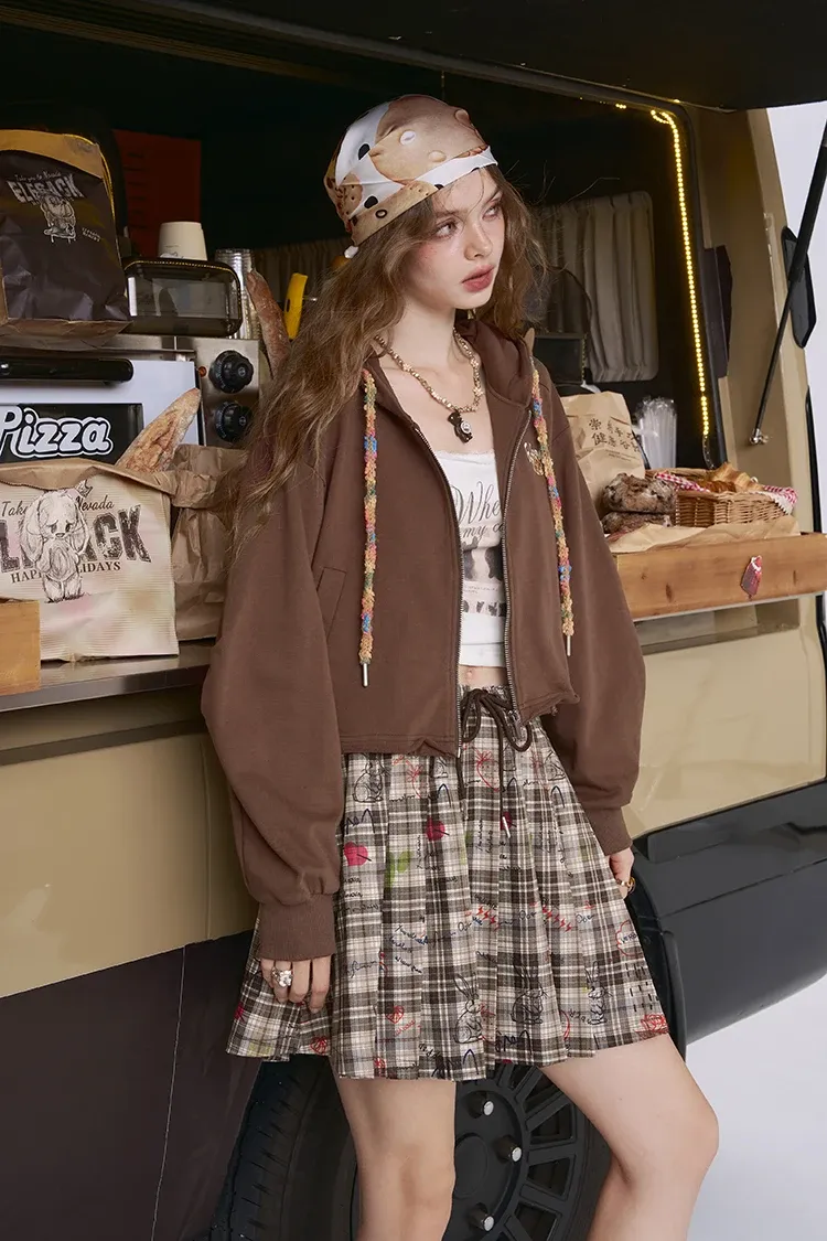 Cardigan zippé brodé à capuche ELFSACK, coupe courte oversize pour femme