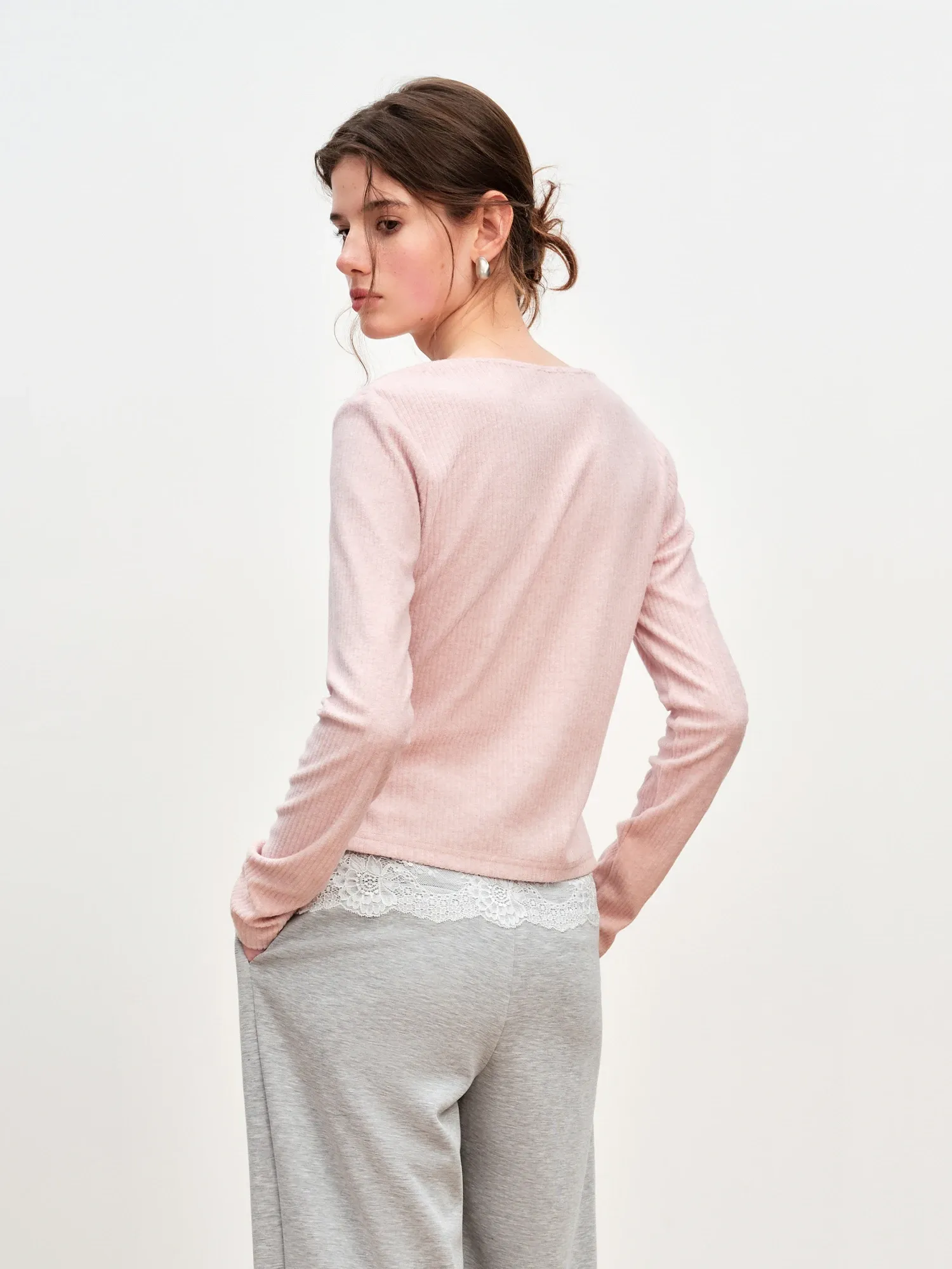 Haut tricoté à col V et dentelle texturée pour femme