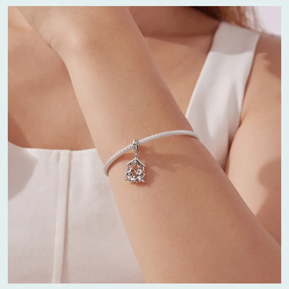 Charm pendentif Nativité de Jésus en argent 925 Bamoer, œil bleu et croix