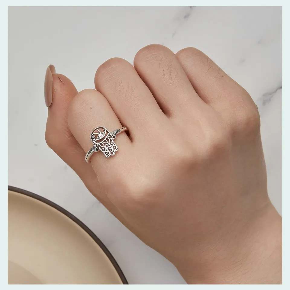 Bague ouverte WOSTU en argent 925 avec motifs symboliques