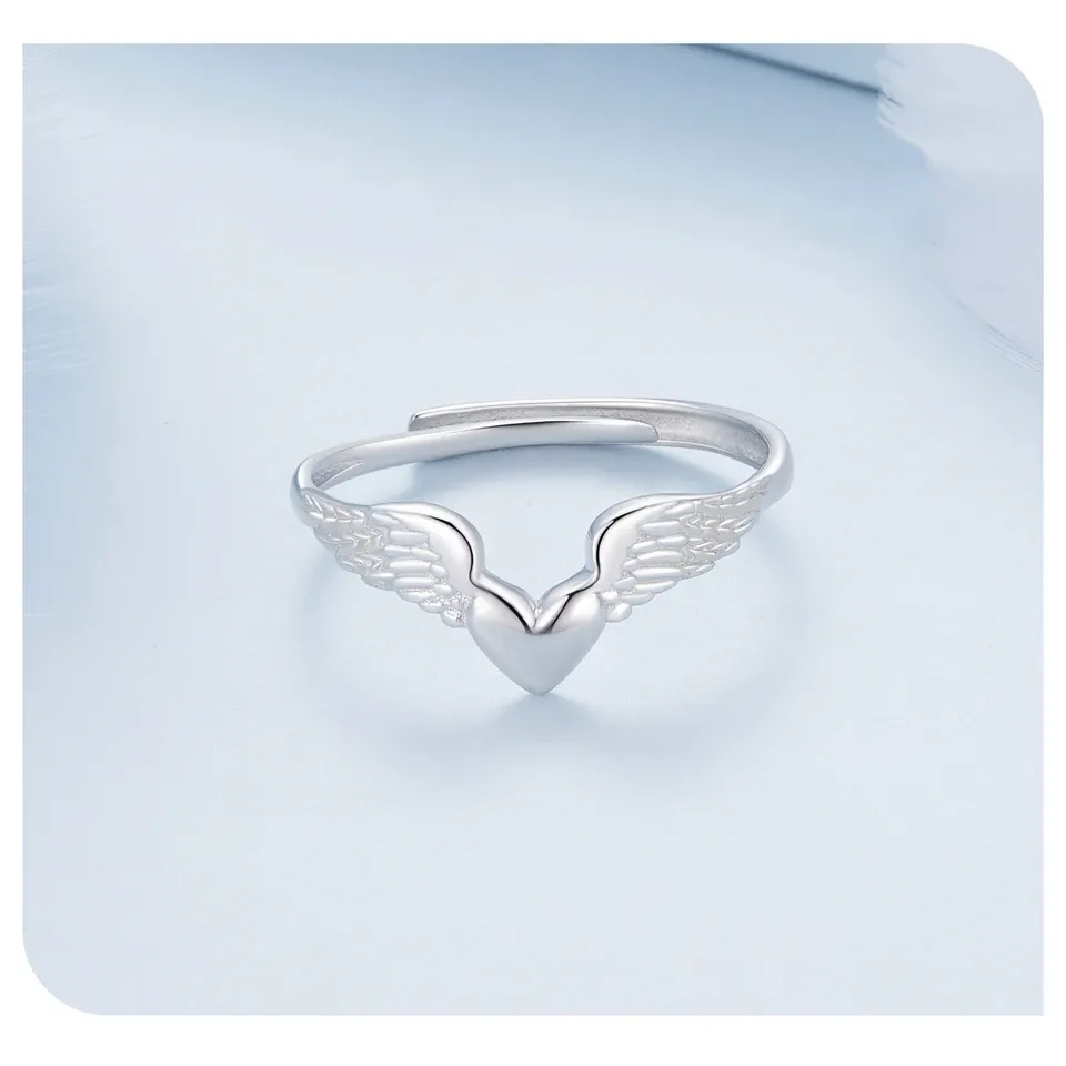 Bague ouverte WOSTU en argent 925 à cœur rose et aile d’ange