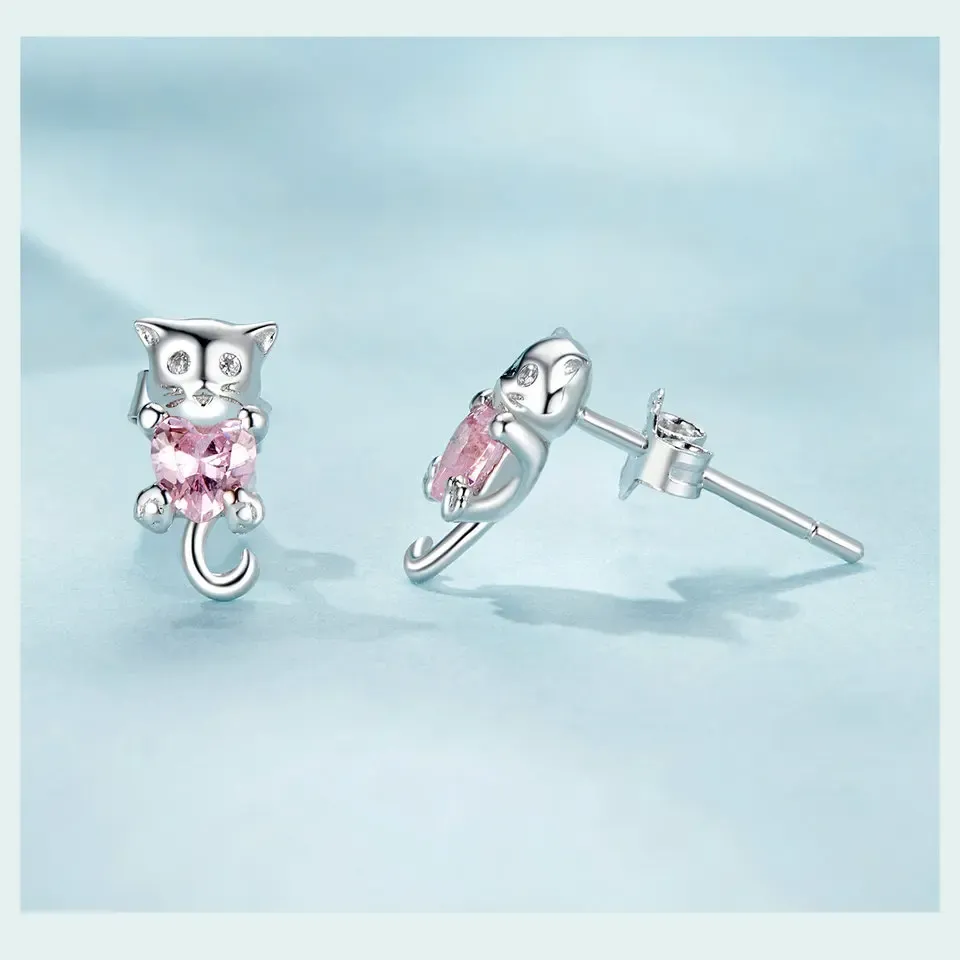 Boucles créoles WOSTU en argent 925 motif animal et cœur rose