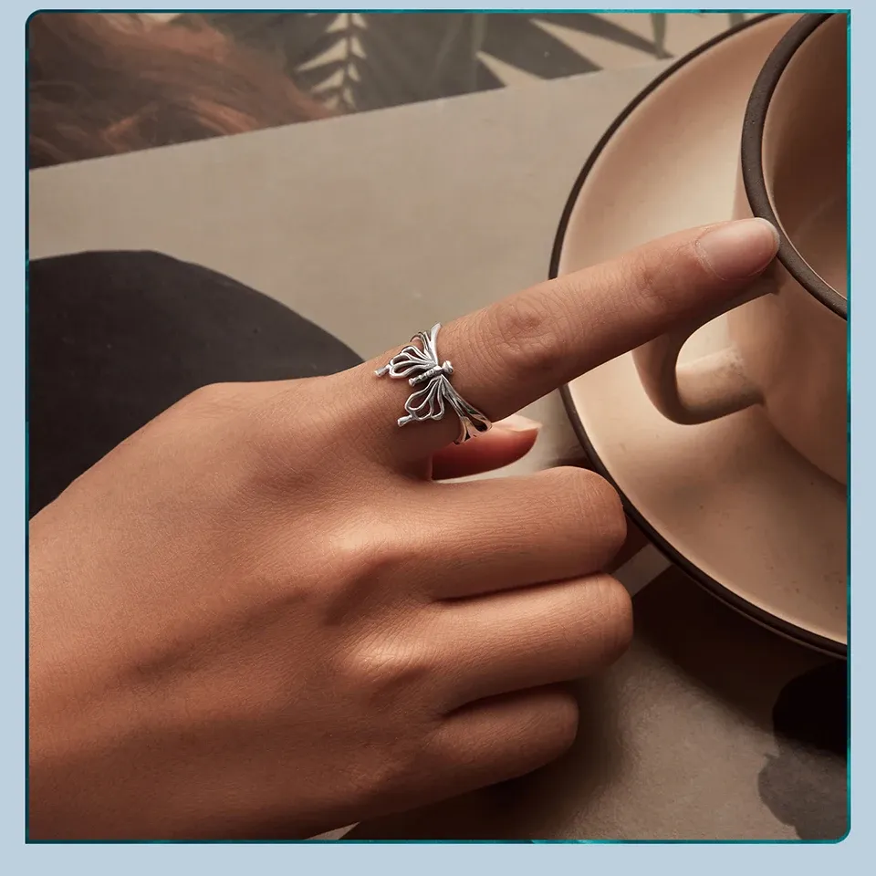 Bague papillon ouverte en argent 925 avec zircon