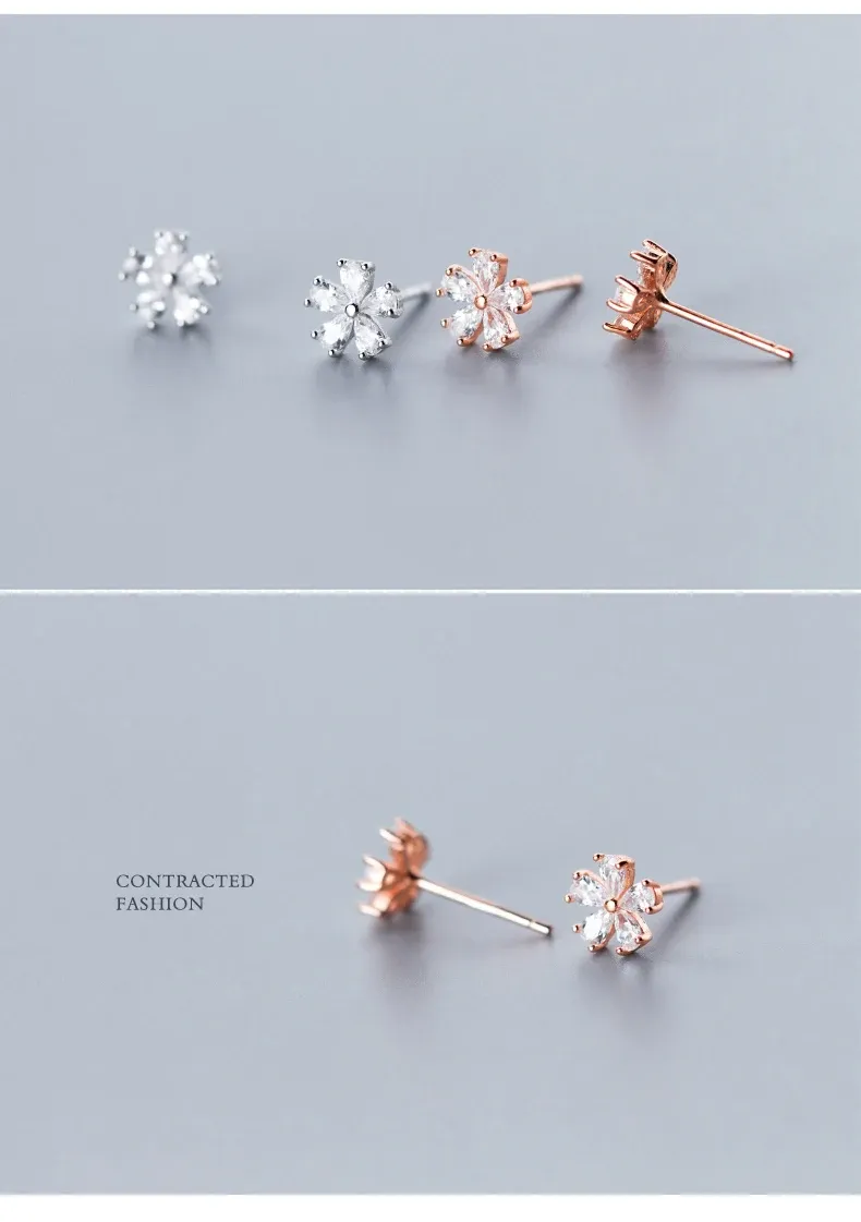 Boucles d’oreilles puces fleur en argent 925 avec zircon