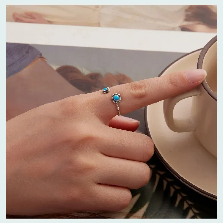 Bague ouverte tournesol en argent 925 oxydé WOSTU