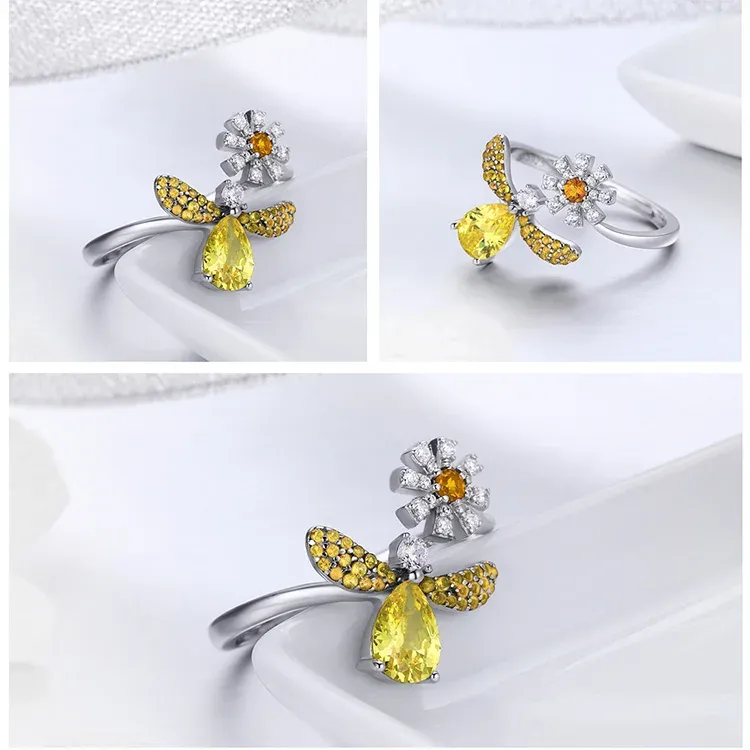 Bague en argent 925 motif abeille et fleur, ajustable
