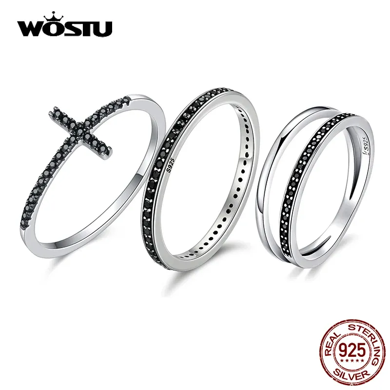 Bague empilable en argent 925 avec zircon noir WOSTU