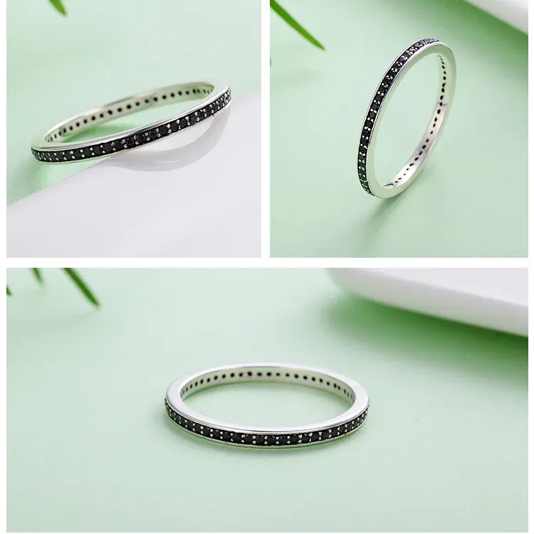 Bague empilable en argent 925 avec zircon noir WOSTU