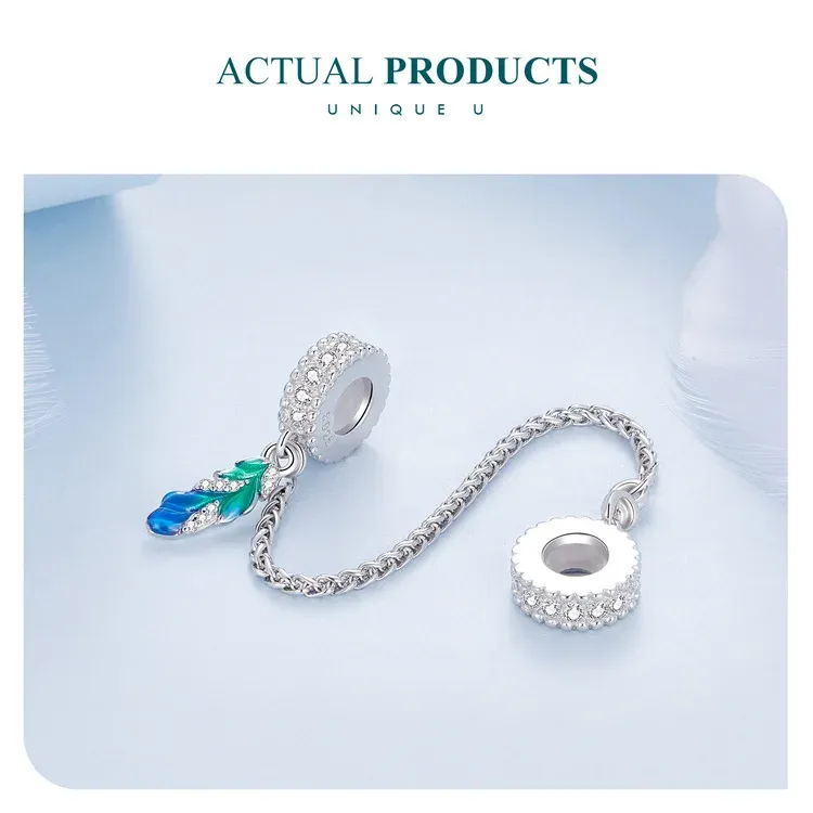 Chaîne de sécurité plume en argent 925 WOSTU émail bleu-vert