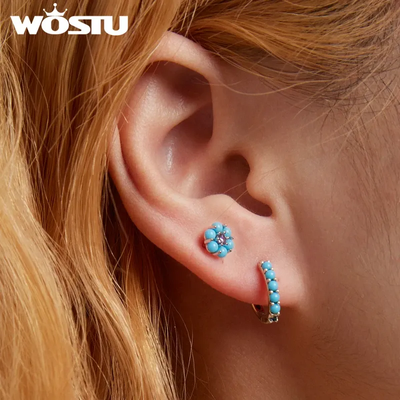Boucles d’oreilles puces fleur turquoise en argent 925 WOSTU
