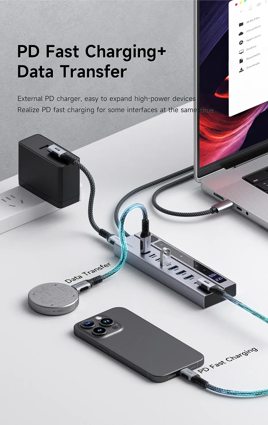 Station d’accueil USB-C Hagibis 9 ports avec écran LED et interrupteurs individuels