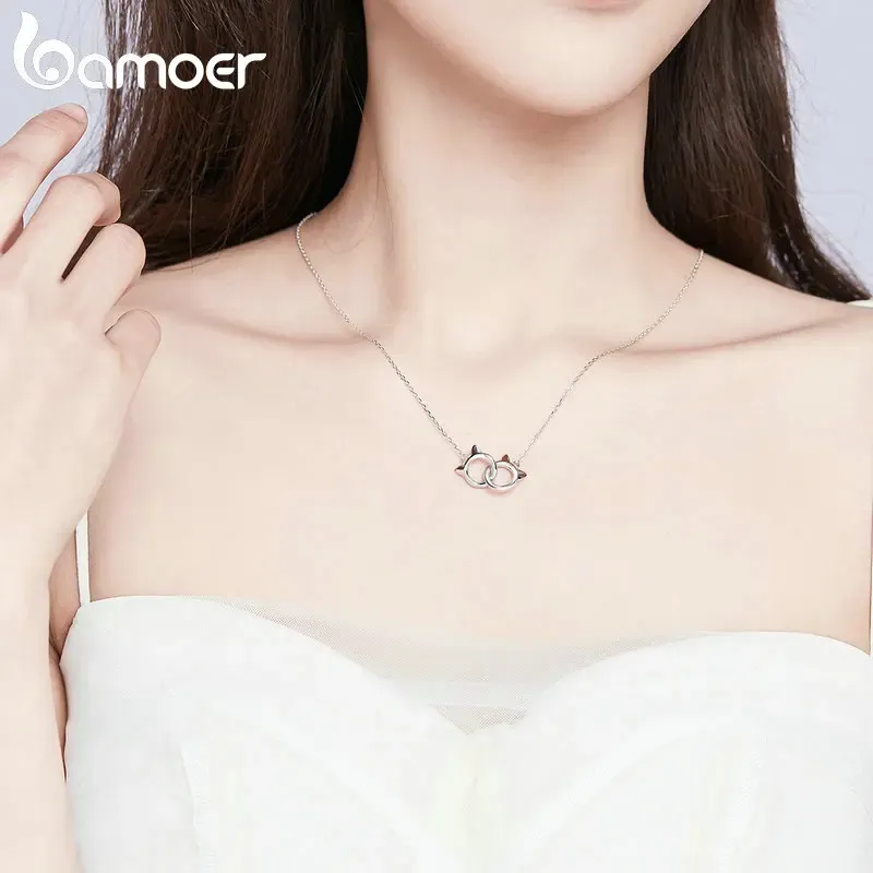 Collier chat en argent 925 à double pendentif Bamoer