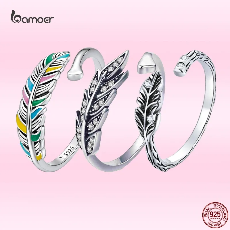 Bague plume vintage en argent 925 colorée