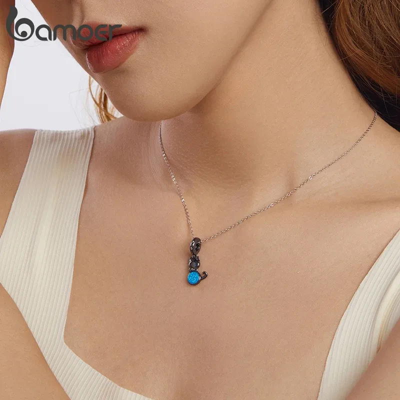 Breloque chat noir en argent 925 Bamoer avec zircon